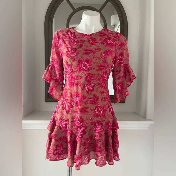 🚫Sundae Muse Christy Mini Tiered Dress, Floral Pink on Nude, Size 8 - Picture 4 of 14